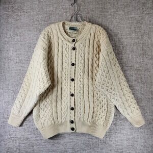 Gaeltarra Irish Fishermans Wool Cable Knit Cardigan Sweater Unisex L Ivory Crew